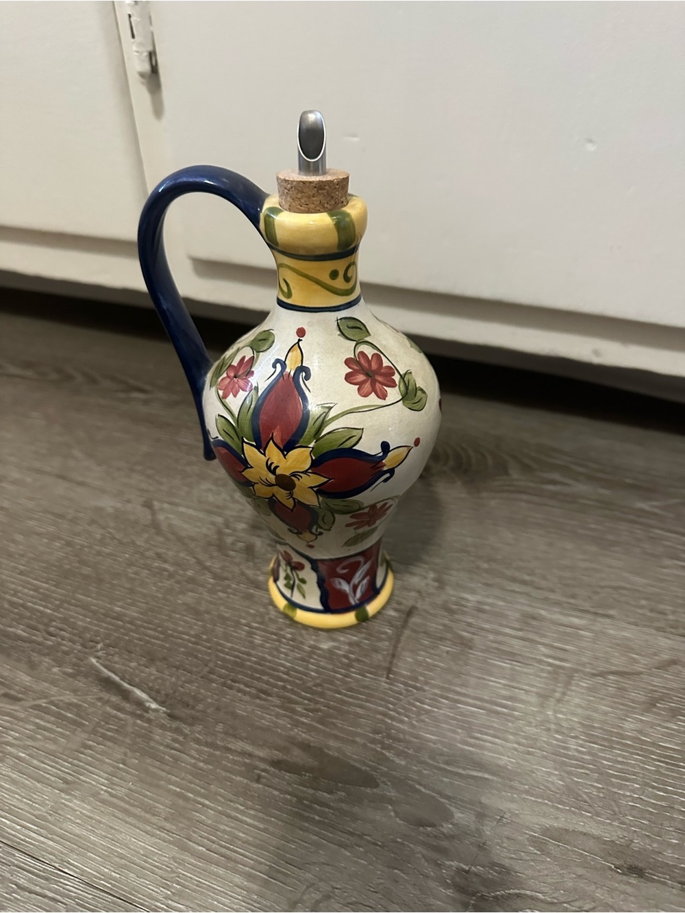 Pier 1 Multicolor Floral Ceramic Oil Cruet with Blue Handle